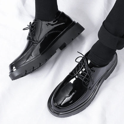 Mens Black Patent Leather Perforated Lace Up Chunky Platform Oxford Shoes Breathable Casual Business Formal Summer Dress Shoes