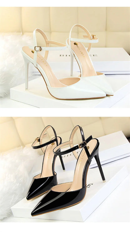 Women High Heels Sandals Metallic Gray Patent Leather Stripper Ankle Strap Wedding Nightclub Pointed Toe Party Valentine 86-1