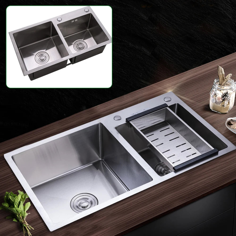 Stainless Steel Double Sink Wash Dishes With Drainer Deep Hidden Sink Bathroom Kitchen Accessories Household Items