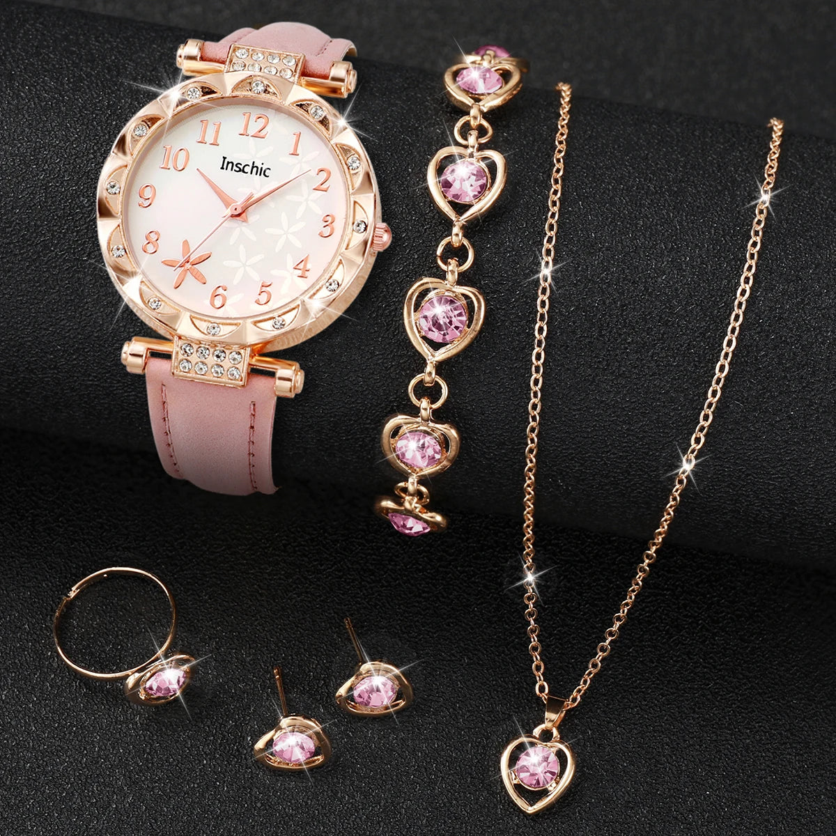 5/6PCS Fashion Rhinestone Women Watches Casual Leather Band Quartz Watch for Women Clock Jewelry Set Reloj Mujer（Without Box）