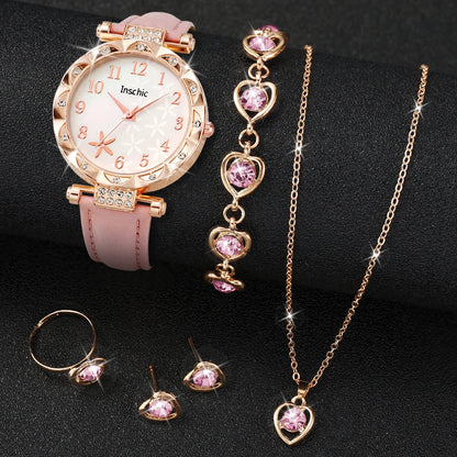 5/6PCS Fashion Rhinestone Women Watches Casual Leather Band Quartz Watch for Women Clock Jewelry Set Reloj Mujer（Without Box）