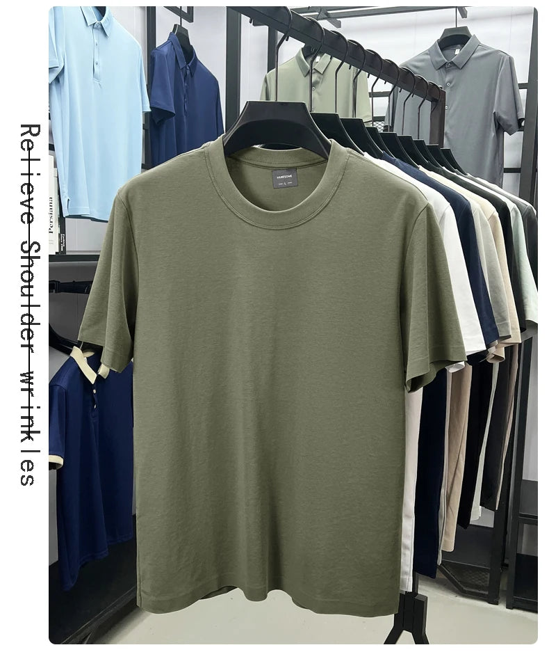 High quality luxury short sleeve T-shirt summer breathable cool silk cotton fashion solid color round neck top casual men's wear
