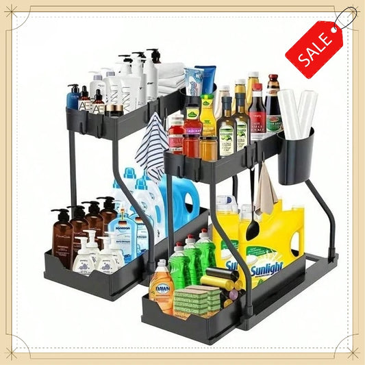 Double Layer Sliding Under Sink Storage Rack with Hanging Hooks Multifunctional Kitchen Bathroom Cabinet Organizer Rack