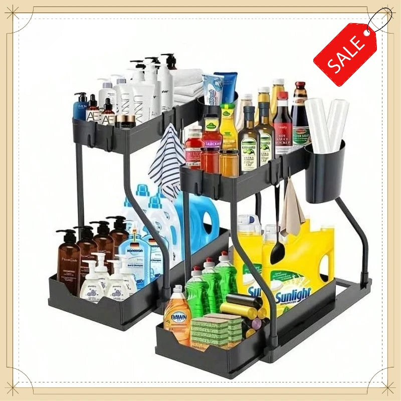 Double Layer Sliding Under Sink Storage Rack with Hanging Hooks Multifunctional Kitchen Bathroom Cabinet Organizer Rack