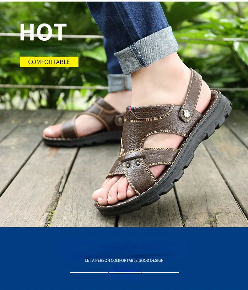 Summer New Men's Leather Sandals, Leather Anti Slip Men's Shoes Slippers, Outdoor Thick Soled Beach Shoes Men's Shoes Sandals