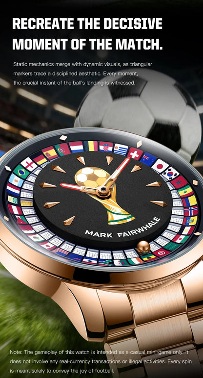 MARK FAIRWHALE 5087 Famous Football Sports Quartz Watch 360 ° Rotating Flag Dial Stainless Steel Strap Waterproof Watch for Man
