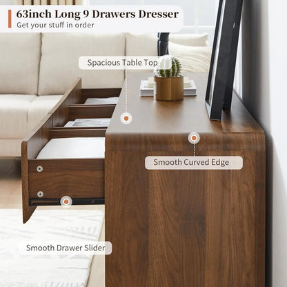 Fluted Dresser for Bedroom with 9 Drawers,63" Wide Modern Chest of Drawers with Curved Profile & Deep Drawer, Customized