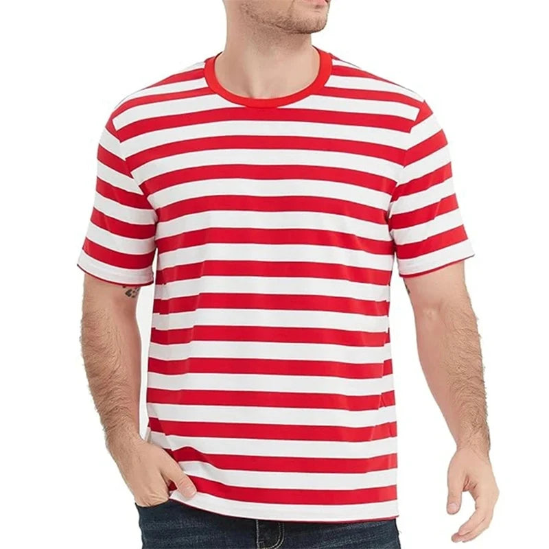 Summer fashion men's printed T-shirt with checkered horizontal stripes, sporty and casual men's short sleeved plus size comforta