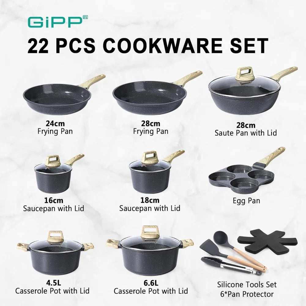 22Pcs Nonstick Cookware Set, Ceramic Pots and Pans Set, Healthy Kitchen Cooking Set with Frying Pans, Dishwasher Safe, Dark Gray