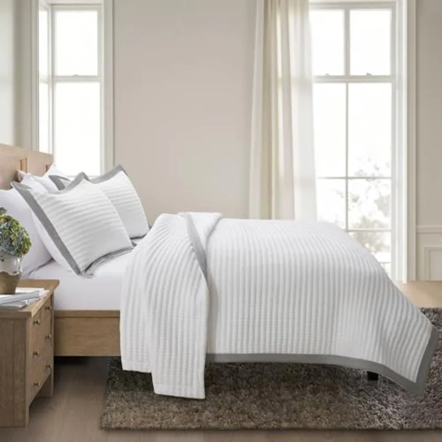 White Quilt Set Size - Farmhouse Soft Striped Stitch Bedding Bedspread Coverlet Summer Lightweight Quilt Bed Sets with 2 Pillow