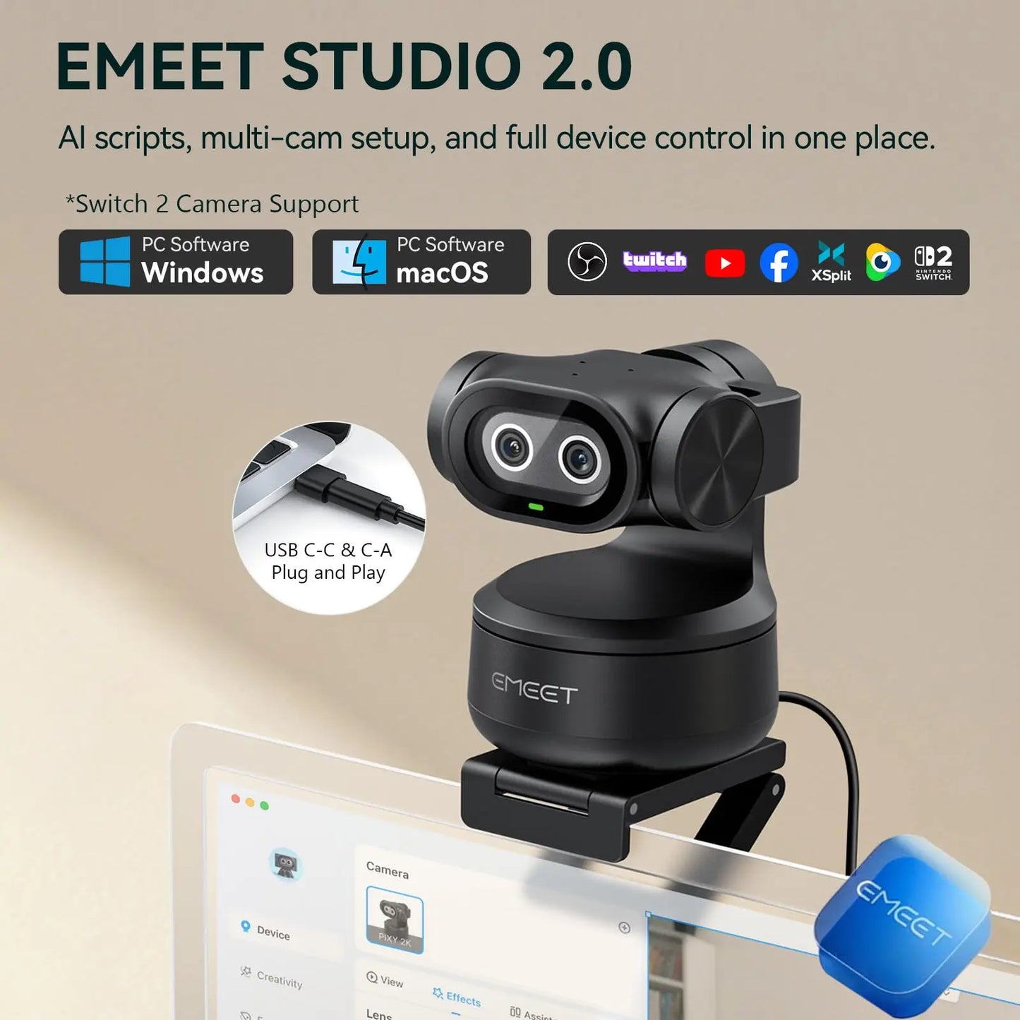 EMEET PIXY 2K Webcam,Gesture Control AI Tracking PTZ Camera With Sony Sensor,1080P 60fps Autofocus Webcam for Streaming OBS