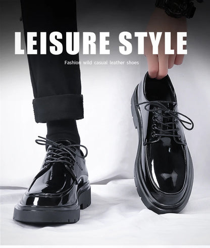 Mens Black Patent Leather Perforated Lace Up Chunky Platform Oxford Shoes Breathable Casual Business Formal Summer Dress Shoes