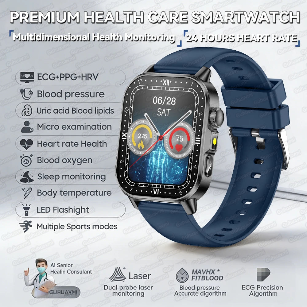 New Professional Health Watch Blood Pressure 2.01"AMOLED Screen Uric Acid Blood Lipids Flashlight Care Smart Watches for Women