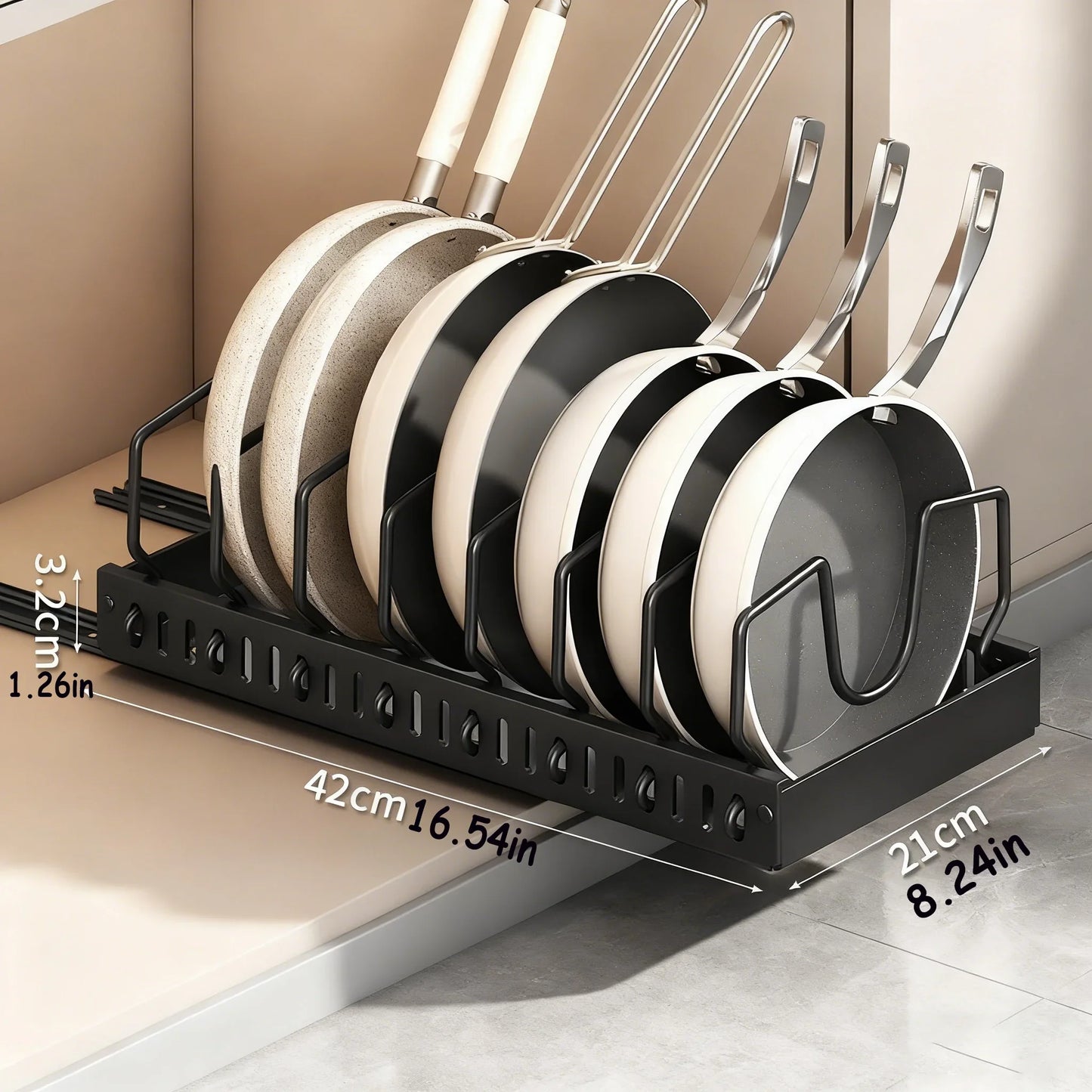 Pull-out Cookware Frying Pan Storage Rack with 8 Adjustable Dividers Pot Lid Holder Under Cabinet Kitchen Organizer