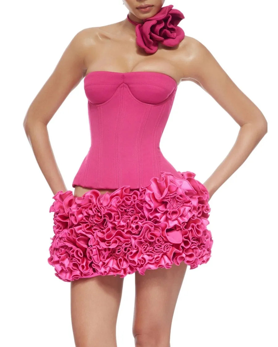 VC Christmas Dress Strapless Red Structured Top With Floral Embellished Mini Skirt Bodycon Celebrity Party Cocktail 2 Pieces Set