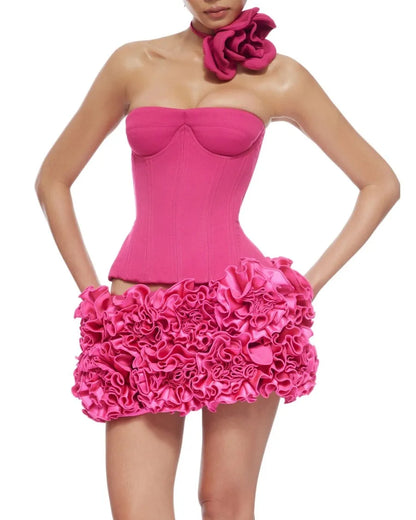 VC Christmas Dress Strapless Red Structured Top With Floral Embellished Mini Skirt Bodycon Celebrity Party Cocktail 2 Pieces Set