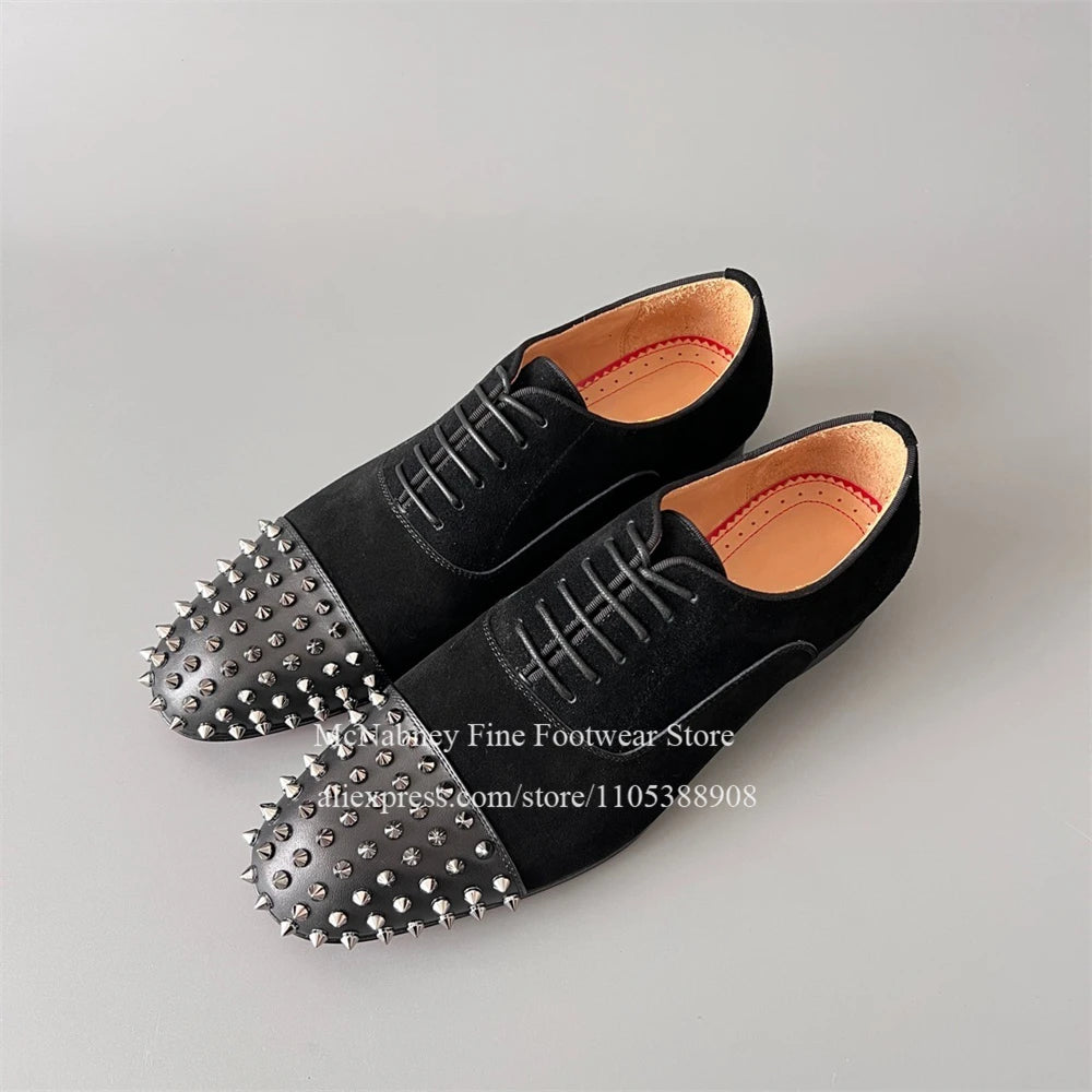 Spike Studs Leather Dress Shoes Lace up Black Alpha Male Gentleman Oxford Shoes Classic Formal Shoes Punk Rock Style Party Wear