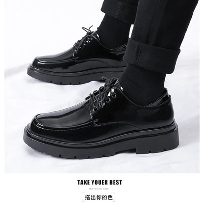 Mens Black Patent Leather Perforated Lace Up Chunky Platform Oxford Shoes Breathable Casual Business Formal Summer Dress Shoes
