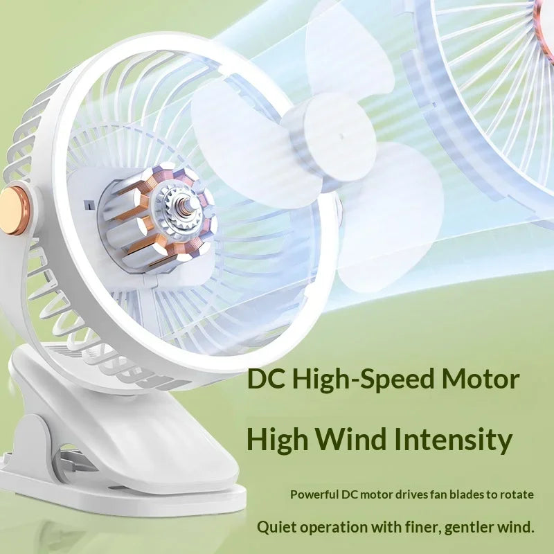 Portable Clip On Fan With LED Light, 720° Rotation Mini USB Rechargeable Fan, 5 Speed Quiet Cooling Fan For Home Office Camping
