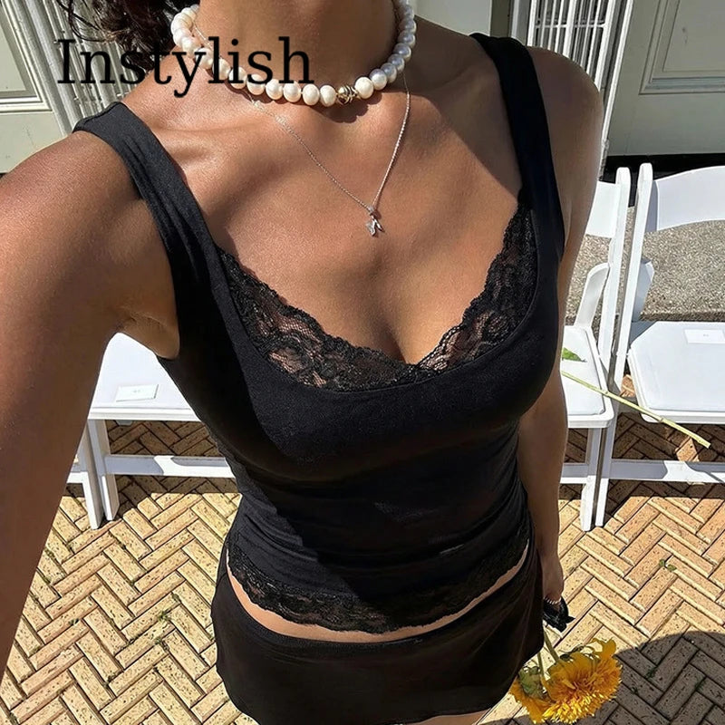 Square Collar Backless Slim Lace Ruffles Patchwork Tank Top Women'S Fashion Sexy Y2K Top Party Vacation Short Summer Clothes