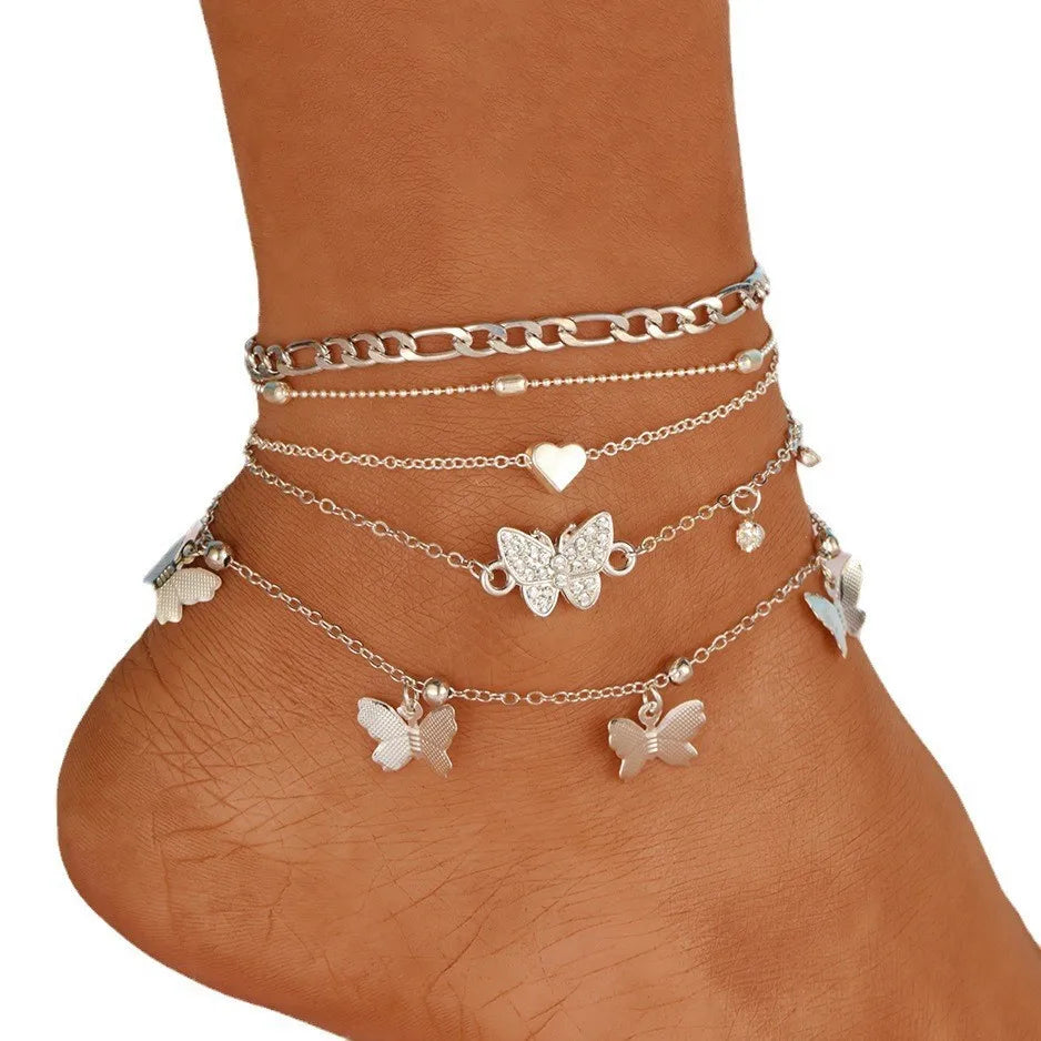 Elegant Butterfly Heart-shaped Pendant Ankle Chain Inlaid Shiny Rhinestones Summer Vacations Beach Party Women's Foot Jewelry