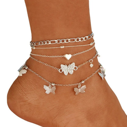 Elegant Butterfly Heart-shaped Pendant Ankle Chain Inlaid Shiny Rhinestones Summer Vacations Beach Party Women's Foot Jewelry