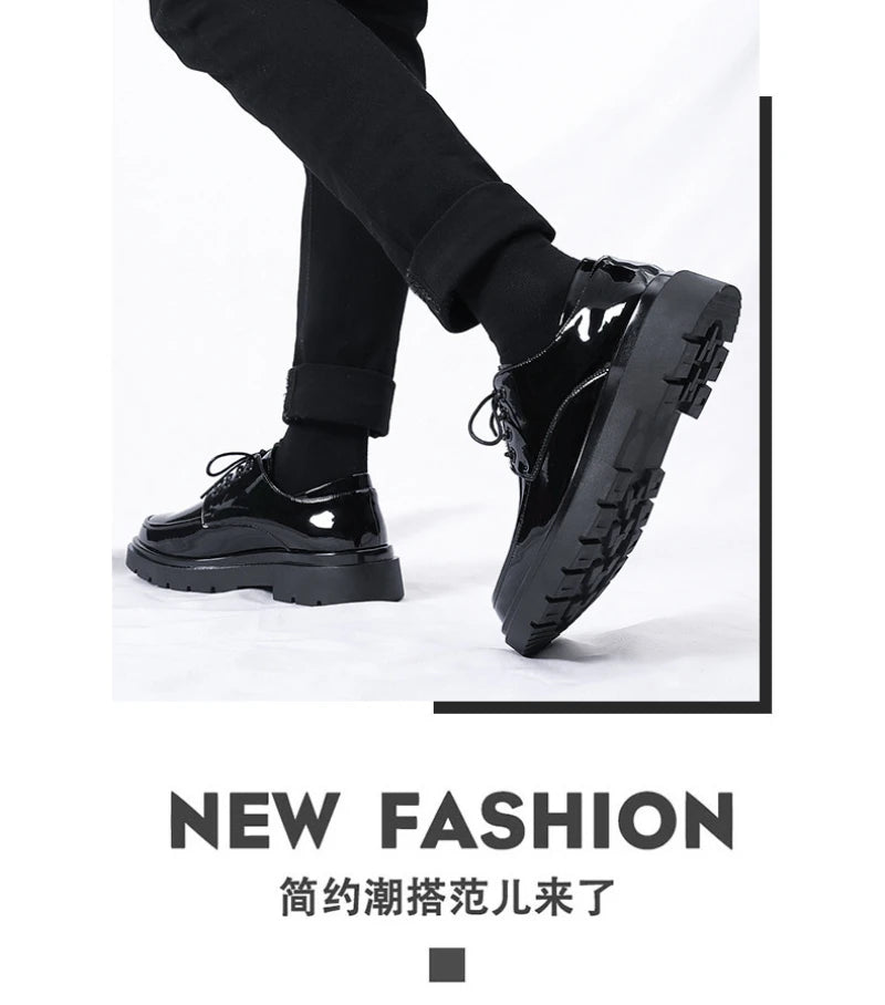 Mens Black Patent Leather Perforated Lace Up Chunky Platform Oxford Shoes Breathable Casual Business Formal Summer Dress Shoes