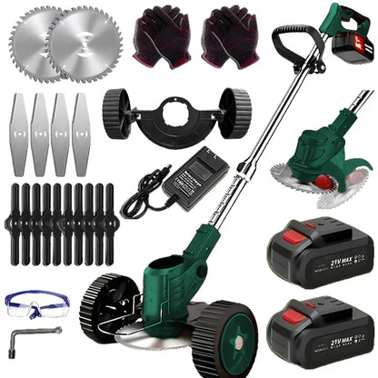 Wireless portable weed trimmer for lawn trimming. The trimmer is equipped with 2 lithium batteries and comes with replaceable bl