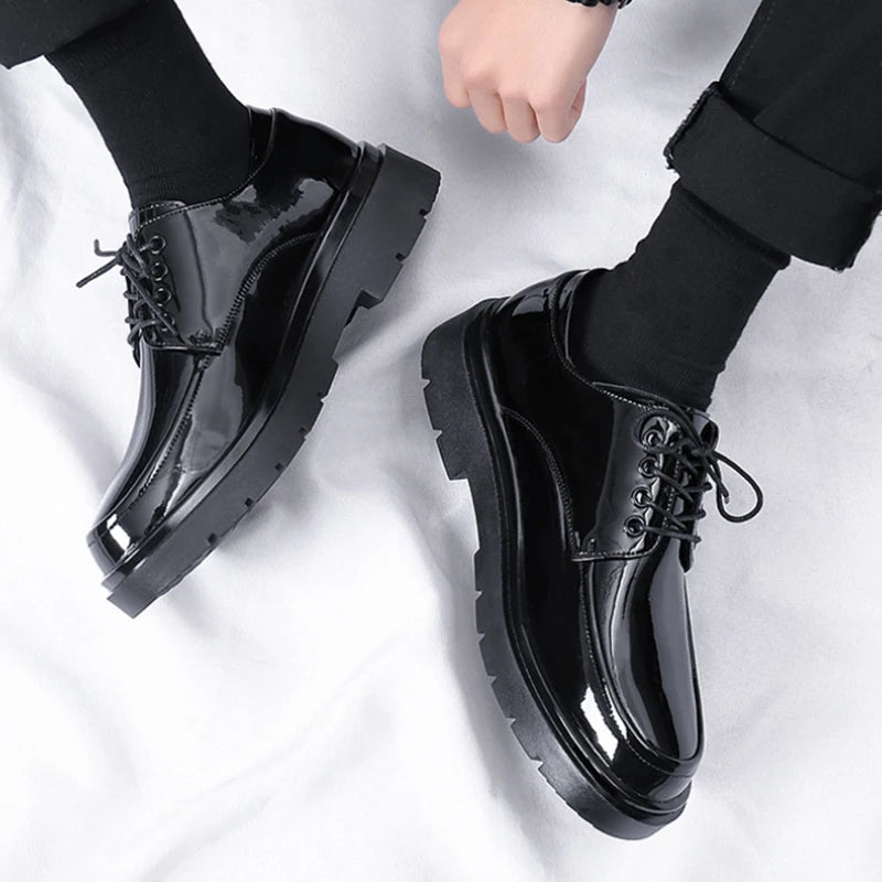 Mens Black Patent Leather Perforated Lace Up Chunky Platform Oxford Shoes Breathable Casual Business Formal Summer Dress Shoes