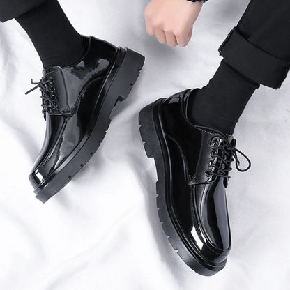 Mens Black Patent Leather Perforated Lace Up Chunky Platform Oxford Shoes Breathable Casual Business Formal Summer Dress Shoes