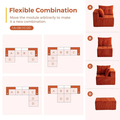 129.5" U Shaped Modular Sectional Sofa 2 Ottomans Tufted 6 Seat Cloud Sleeper Chair Living Room No Assembly, Custom