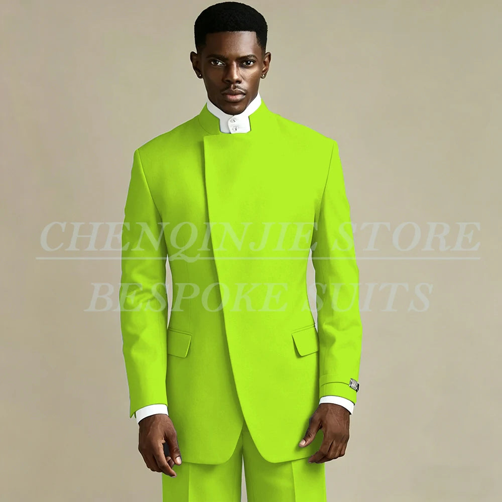 Elegant Black Men's Suits 2 Piece Jacket Pants Outfits Formal Single Breasted Stand Lapel Skinny Clothing Costume Homme