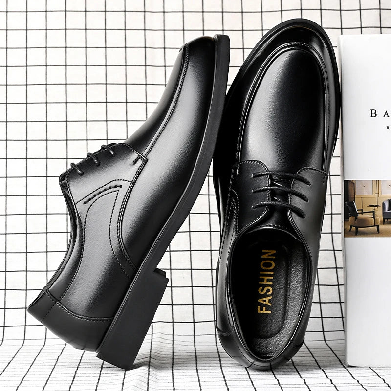 Mens Black Genuine Leather Lace Up Chunky Platform Oxfords Formal Business Office Groom Wedding Daily Wear Shoes Fashion Simple