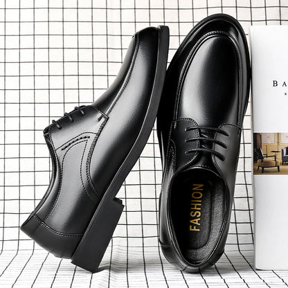 Mens Black Genuine Leather Lace Up Chunky Platform Oxfords Formal Business Office Groom Wedding Daily Wear Shoes Fashion Simple