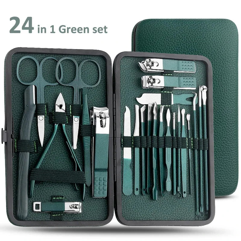 Nail clipper set, home nail clippers, dark green 7-24piece set, pedicure, exfoliation and nail care tools