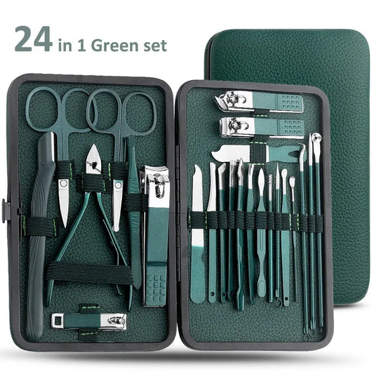 Nail clipper set, home nail clippers, dark green 7-24piece set, pedicure, exfoliation and nail care tools