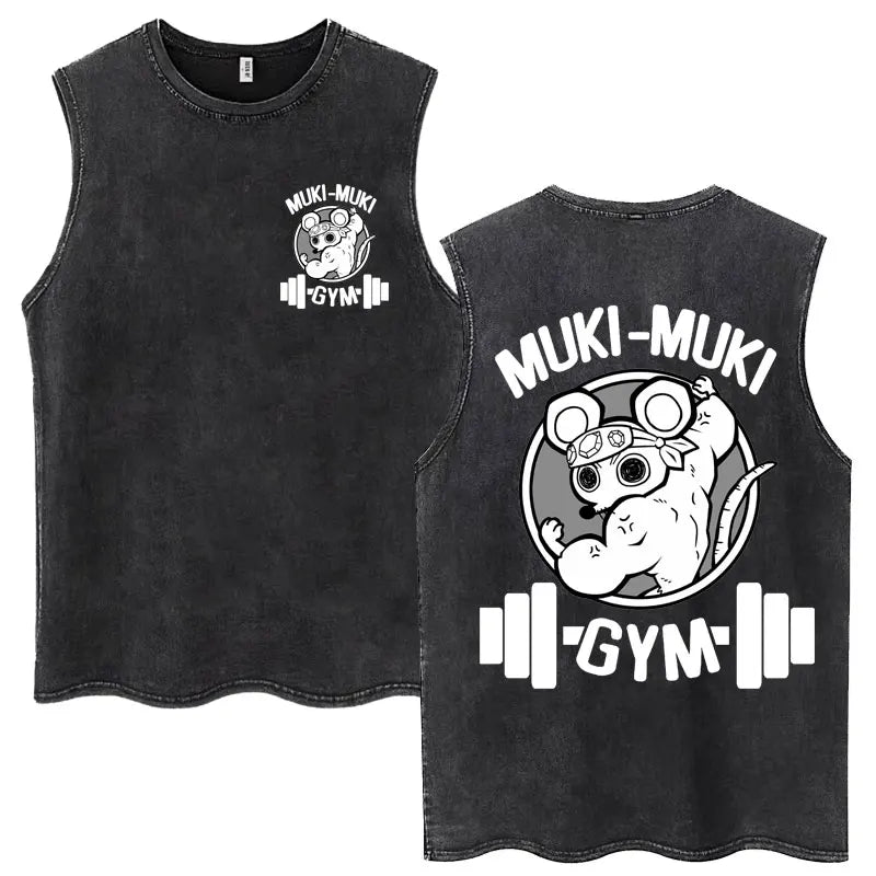 Washed Anime Demon Slayer Hashibira Inosuke Mask Face Tank Tops Men Women Vintage Fashion Cotton Sleeveless T Shirts Streetwear