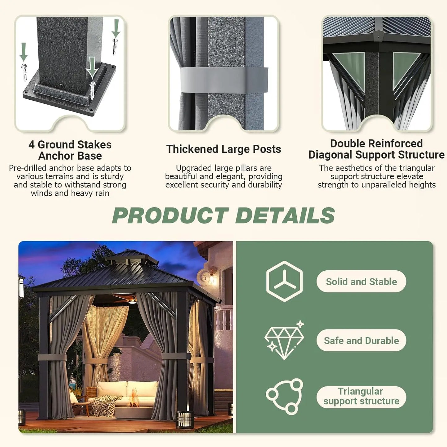 8x8FT Sturdy Hardtop Gazebo, Rustproof Aluminum Frame Double Steel Roof Outdoor Shelter with Decorative Curtains, Customized