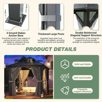 8x8FT Sturdy Hardtop Gazebo, Rustproof Aluminum Frame Double Steel Roof Outdoor Shelter with Decorative Curtains, Customized