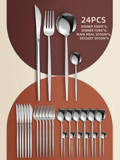 24pcs Stainless Steel Hotel Western Cutlery Set, Includes Knives, Forks, Spoons, And Tea Spoons,Kitchen,Christmas Gift