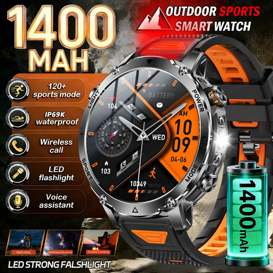 2026 New Military 1400mAh Battery Smart Watch Men Outdoor Flashlight 10ATM Waterproof Heart Rate Bluetooth Call Sports Bracelets