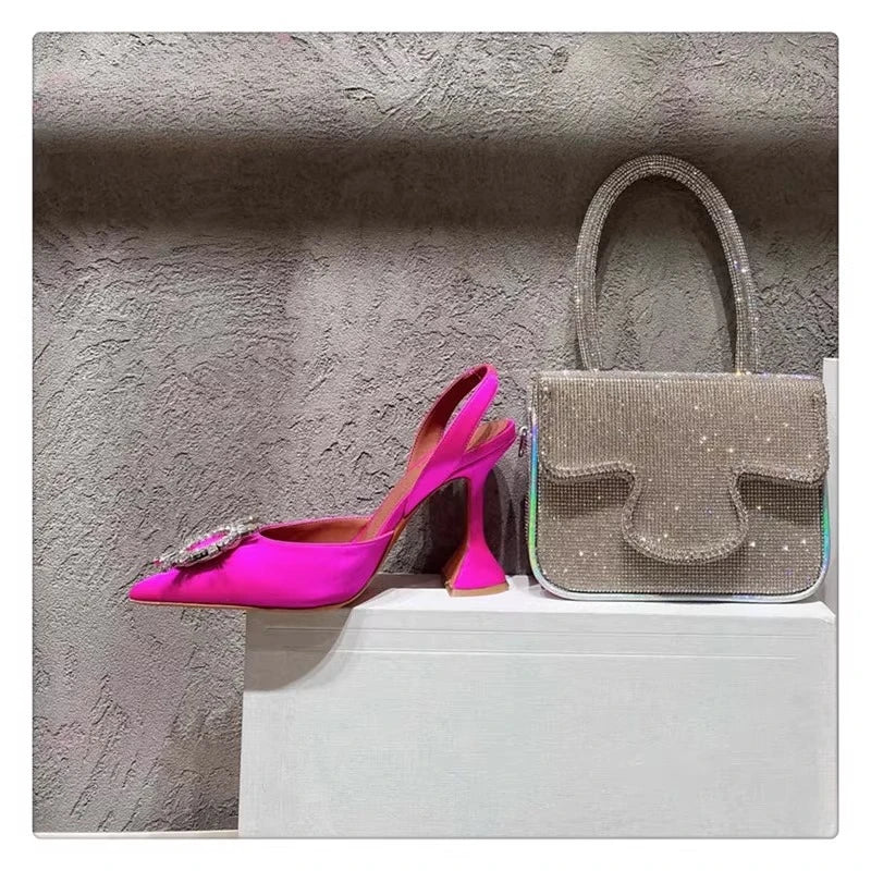2025 European and American Women's New Silk Sunflower Crystal Diamond Buckle High Heels Horseshoe Heel Women's Sandals