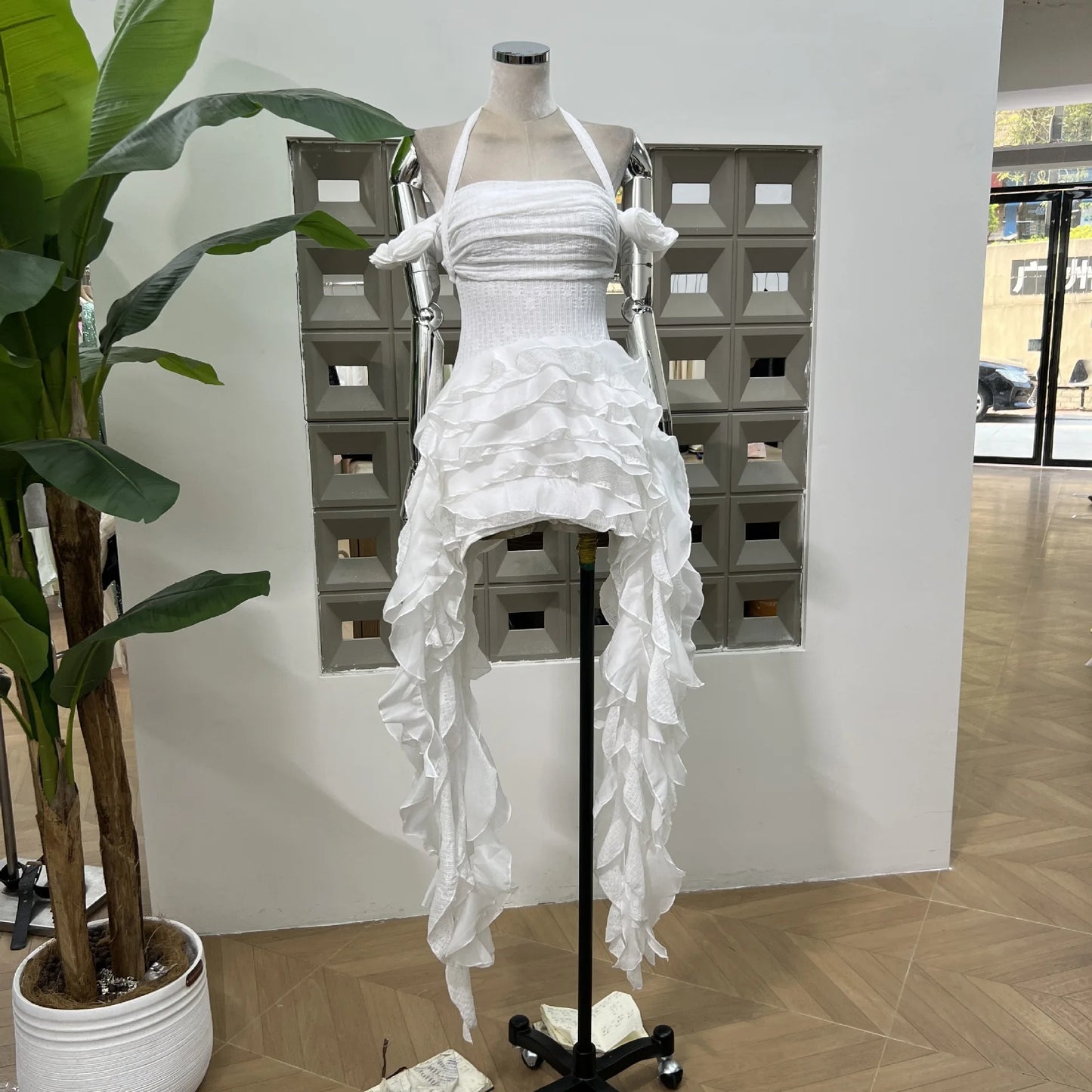 DFDG Hanging Neck High-quality Long Skirt Irregular Design Solid Color 2025 Summer New Women's Waist Cinching Slimming Dress