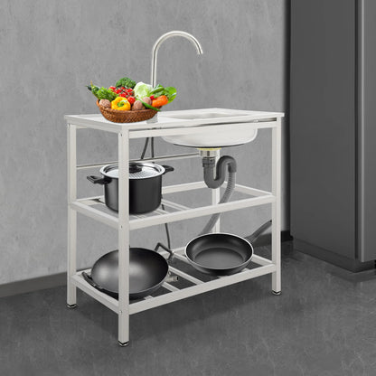 Stainless Steel Freestanding Outdoor Kitchen Sink with Faucet Worktable and Storage Rack Cold Hot Water Adjustable Feet