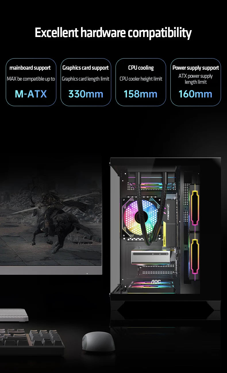 AOC CG391 PC Case MATX Gaming Desktop Case Supports 240 Water Cooling With 3 Pcs ARGB Fans Computer Case Sea View Room 컴퓨터 섀시