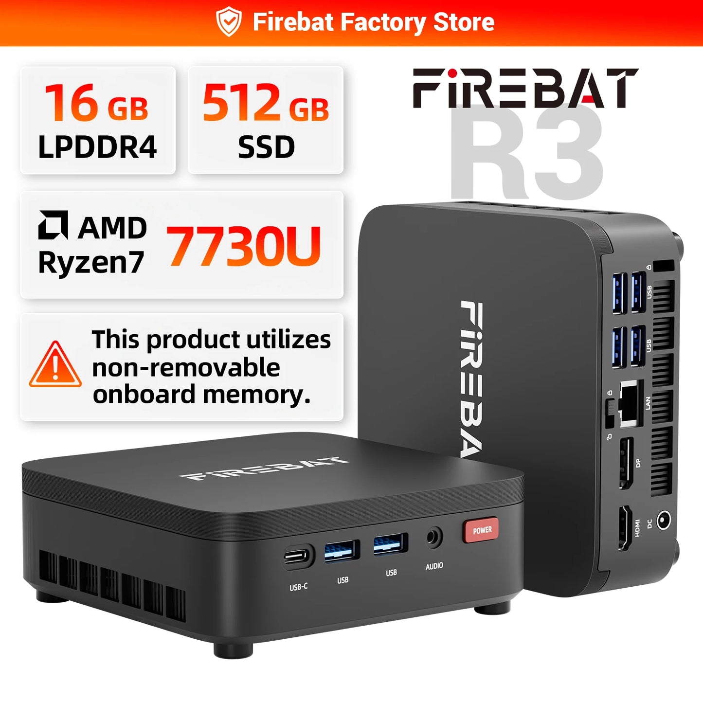 FIREBAT R3 MINI PC AMD Ryzen 5 7430U 6C/12T MAX 4.3GHz 16GB LPDDR4 RAM 512GB SSD WIFI6 BT5.2 Windows 11 Desktop Computer