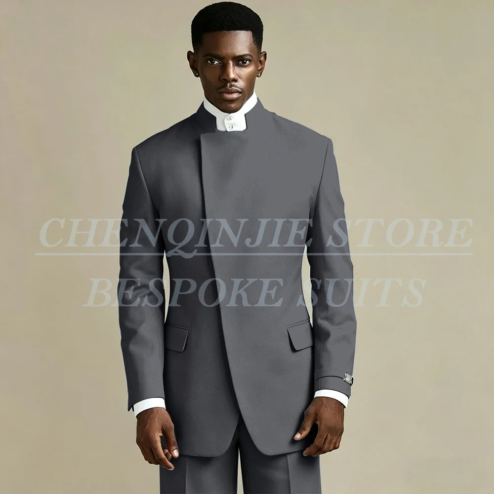 Elegant Black Men's Suits 2 Piece Jacket Pants Outfits Formal Single Breasted Stand Lapel Skinny Clothing Costume Homme