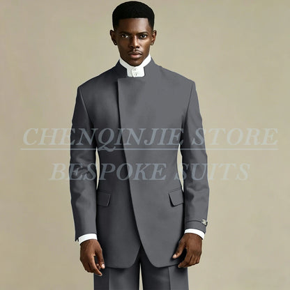 Elegant Black Men's Suits 2 Piece Jacket Pants Outfits Formal Single Breasted Stand Lapel Skinny Clothing Costume Homme