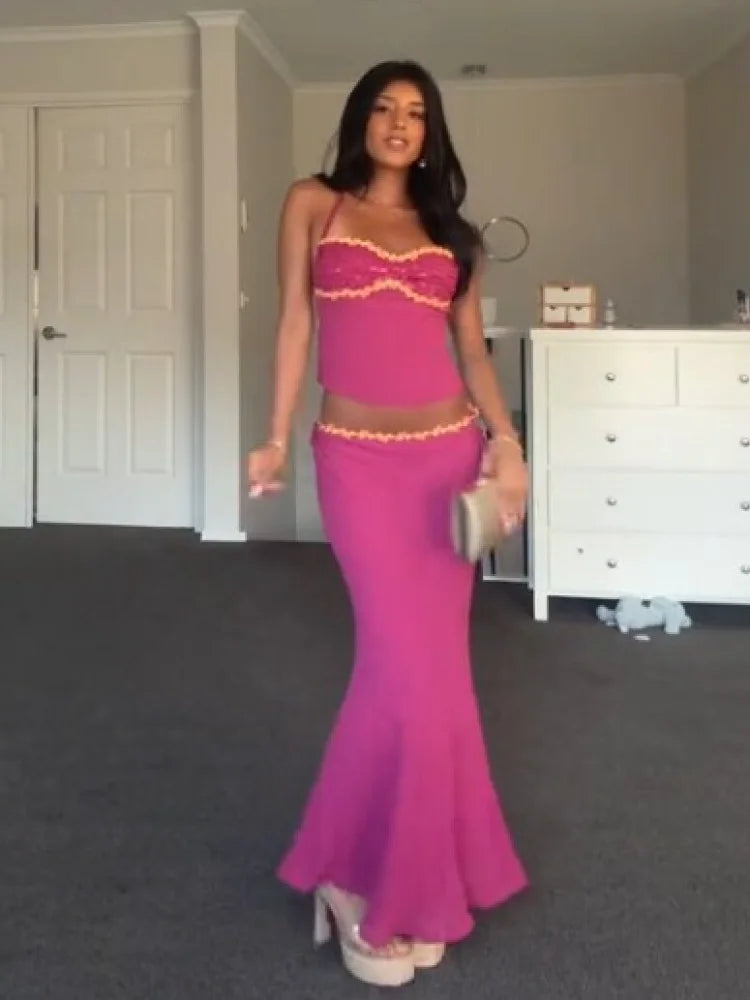 Elegant Chiffon Tops Skirt Set Women Stylish Floral Strap Off Shoulder Halter Crop Top Maxi Skirt Summer Beach Vacation Outfit