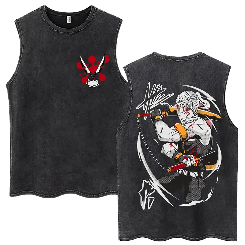 Washed Anime Demon Slayer Hashibira Inosuke Mask Face Tank Tops Men Women Vintage Fashion Cotton Sleeveless T Shirts Streetwear